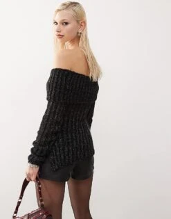 Monki Long Sleeve Off The Shoulder Knit Top In Black For Women -Monki Shop 207317773 2