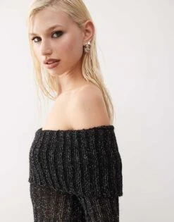 Monki Long Sleeve Off The Shoulder Knit Top In Black For Women -Monki Shop 207317773 3