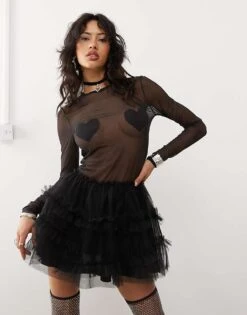 Monki Long Sleeve Heart Detail Mesh Mini Dress With Tulle Skirt In Black For Women -Monki Shop 207317777 1 black 1