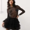 Monki Long Sleeve Heart Detail Mesh Mini Dress With Tulle Skirt In Black For Women