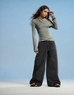 Monki Giga Ultra Wide Low Rise Jeans In Washed Black For Women