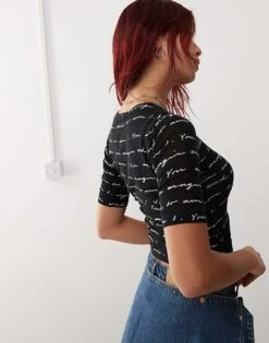 Monki Sheer Slim Fit T-shirt In Black Text Graphic For Women -Monki Shop 207317807 4