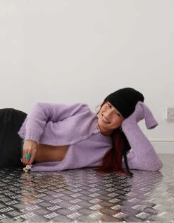 Monki Long Sleeve Slim Fit Fluffy Knit Button Front Cardigan With Puff Sleeve In Lilac For Women -Monki Shop 207317834 2