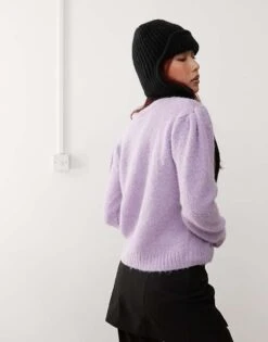 Monki Long Sleeve Slim Fit Fluffy Knit Button Front Cardigan With Puff Sleeve In Lilac For Women -Monki Shop 207317834 4