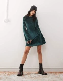 Monki Long Sleeve Velvet Mini Dress In Green For Women -Monki Shop 207317913 1 green 1