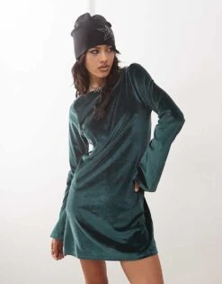 Monki Long Sleeve Velvet Mini Dress In Green For Women -Monki Shop 207317913 4