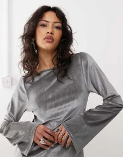 Monki Long Sleeve Velvet Mini Dress In Silver Grey For Women -Monki Shop 207317922 4