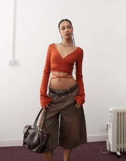 Monki Wrapped Rib Yoga Cardigan With Tie Details In Rust For Women -Monki Shop 207317931 1 rust 1