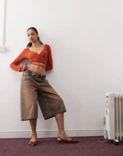 Monki Wrapped Rib Yoga Cardigan With Tie Details In Rust For Women -Monki Shop 207317931 3