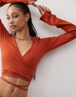 Monki Wrapped Rib Yoga Cardigan With Tie Details In Rust For Women -Monki Shop 207317931 4