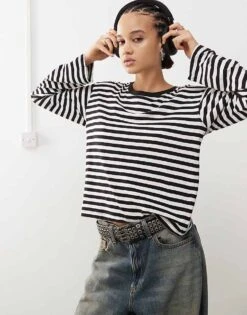 Monki Oversize Long Sleeve Striped Top -Monki Shop 207317942 1 offwhiteandblack 1