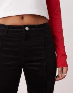 Monki Cord Flare Leg Trouser With Front Pintuck Seam In Black For Women -Monki Shop 207317959 3