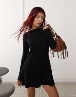 Monki Boat Neck Textured Mini Dress In Black For Women -Monki Shop 207318035 1 black 1