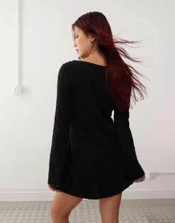 Monki Boat Neck Textured Mini Dress In Black For Women -Monki Shop 207318035 4