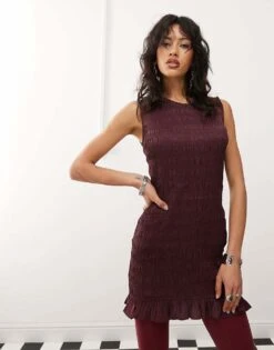 Monki Sleeveless Satin Shirred Dress With Frill Edges In Burgundy For Women -Monki Shop 207318103 1 burgundy 1