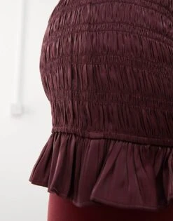 Monki Sleeveless Satin Shirred Dress With Frill Edges In Burgundy For Women -Monki Shop 207318103 3