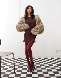 Monki Sleeveless Satin Shirred Dress With Frill Edges In Burgundy For Women -Monki Shop 207318103 4