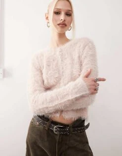 Monki Fluffy Knitted Cardigan In Light Dusty Pink For Women