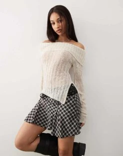 Monki Long Sleeve Off The Shoulder Knit Top In Light Beige For Women -Monki Shop 207318138 1 beige 1
