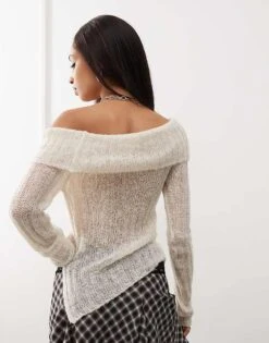 Monki Long Sleeve Off The Shoulder Knit Top In Light Beige For Women -Monki Shop 207318138 4