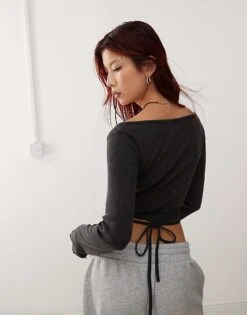 Monki Wrapped Rib Yoga Cardigan With Tie Details In Washed Black For Women Black Wash -Monki Shop 207318147 3