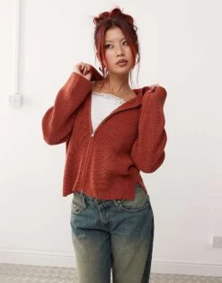 Monki Knitted Rib Hoodie Zip Up Cardigan In Rust Red For Women -Monki Shop 207318168 1 rustred 1