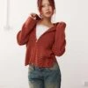 Monki Knitted Rib Hoodie Zip Up Cardigan In Rust Red For Women -Monki Shop 207318168 1 rustred