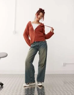 Monki Knitted Rib Hoodie Zip Up Cardigan In Rust Red For Women -Monki Shop 207318168 2