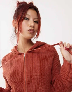 Monki Knitted Rib Hoodie Zip Up Cardigan In Rust Red For Women -Monki Shop 207318168 3