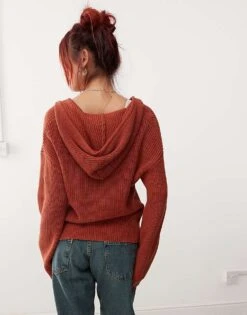 Monki Knitted Rib Hoodie Zip Up Cardigan In Rust Red For Women -Monki Shop 207318168 4