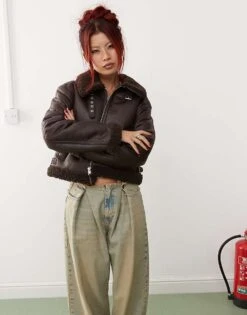 Monki Vintage Look Faux Shearling Aviator Jacket With Buckle Collar Brown For Women -Monki Shop 207318202 1 brown 1