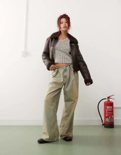 Monki Vintage Look Faux Shearling Aviator Jacket With Buckle Collar Brown For Women -Monki Shop 207318202 3