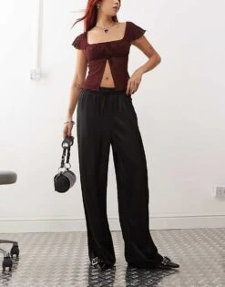 Monki Wide Leg Drawstring Satin Trousers In Black For Women -Monki Shop 207321615 3