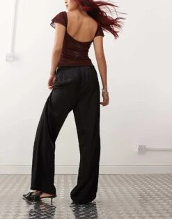 Monki Wide Leg Drawstring Satin Trousers In Black For Women -Monki Shop 207321615 5