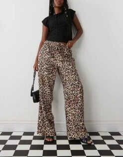Monki Wide Leg Satin Trousers In Leopard Print For Women