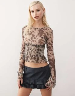 Monki Long Sleeve Mesh Shirred Top In Brown Cow Print For Women Black