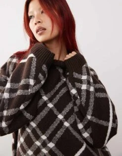 Monki Oversized Knit Sweater In Black And Brown Check For Women Multi Check -Monki Shop 207321652 3