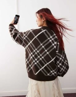 Monki Oversized Knit Sweater In Black And Brown Check For Women Multi Check -Monki Shop 207321652 4