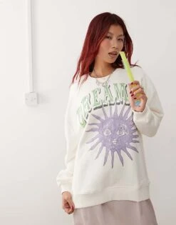 Monki Oversized Sweatshirt In White With Dreamer Front Print For Women Multi -Monki Shop 207321670 4