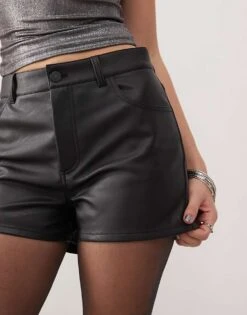 Monki Faux Leather Hotpants In Black For Women -Monki Shop 207321692 5