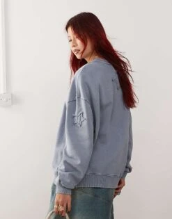 Monki Oversized Sweatshirt With Applique Stars In Washed Blue For Women Multi -Monki Shop 207321709 4