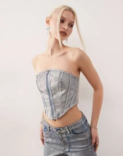 Monki Co-ord Denim Corset Top And Aimo Straight Leg Jeans In Holographic Wash -Monki Shop 207321714 1 holographicwash