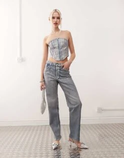 Monki Co-ord Denim Corset Top And Aimo Straight Leg Jeans In Holographic Wash
