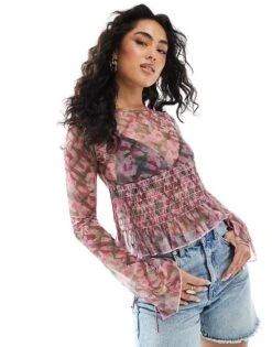 Monki Long Sleeve Mesh Shirred Top In Pink Check Flower Print For Women -Monki Shop 207321732 1 pinkcheckflower 1
