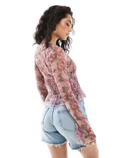 Monki Long Sleeve Mesh Shirred Top In Pink Check Flower Print For Women -Monki Shop 207321732 4