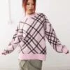 Monki Oversized Knit Sweater In Pink And Black Check For Women