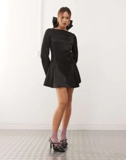 Monki Long Sleeve Satin Dress With Bell Sleeves In Black For Women -Monki Shop 207321820 2