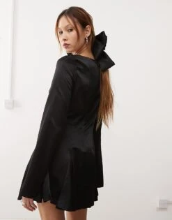 Monki Long Sleeve Satin Dress With Bell Sleeves In Black For Women -Monki Shop 207321820 3
