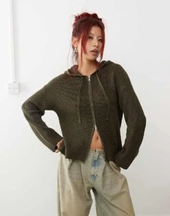 Monki Knitted Rib Hoodie Zip Up Cardigan In Green For Women -Monki Shop 207322837 1 green 1