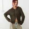 Monki Knitted Rib Hoodie Zip Up Cardigan In Green For Women